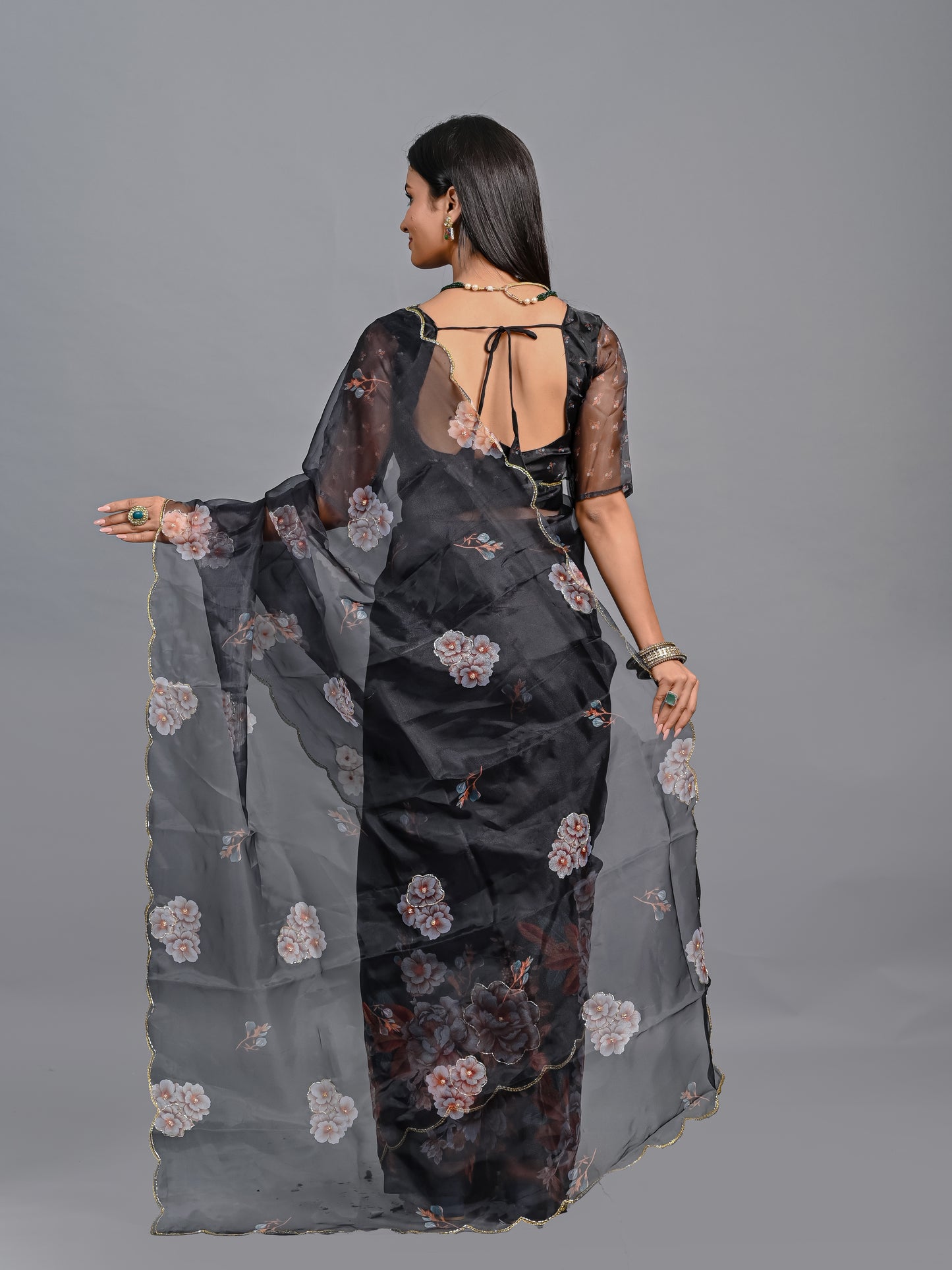 Black Pearl Poly Organza Saree with Vintage Blush Floral Art