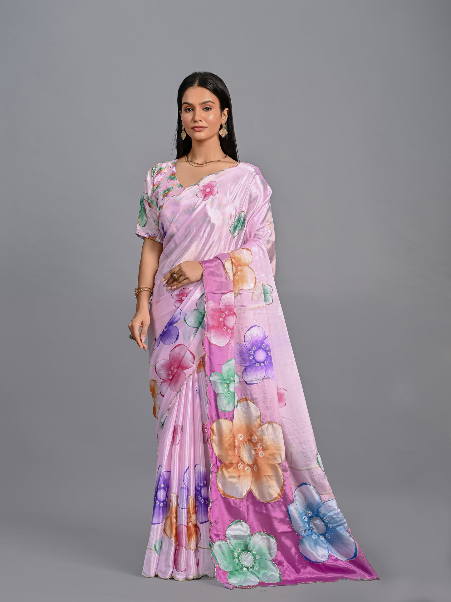 Vibrant Floral Poli Chinon Saree with Scalloped Sequin Border