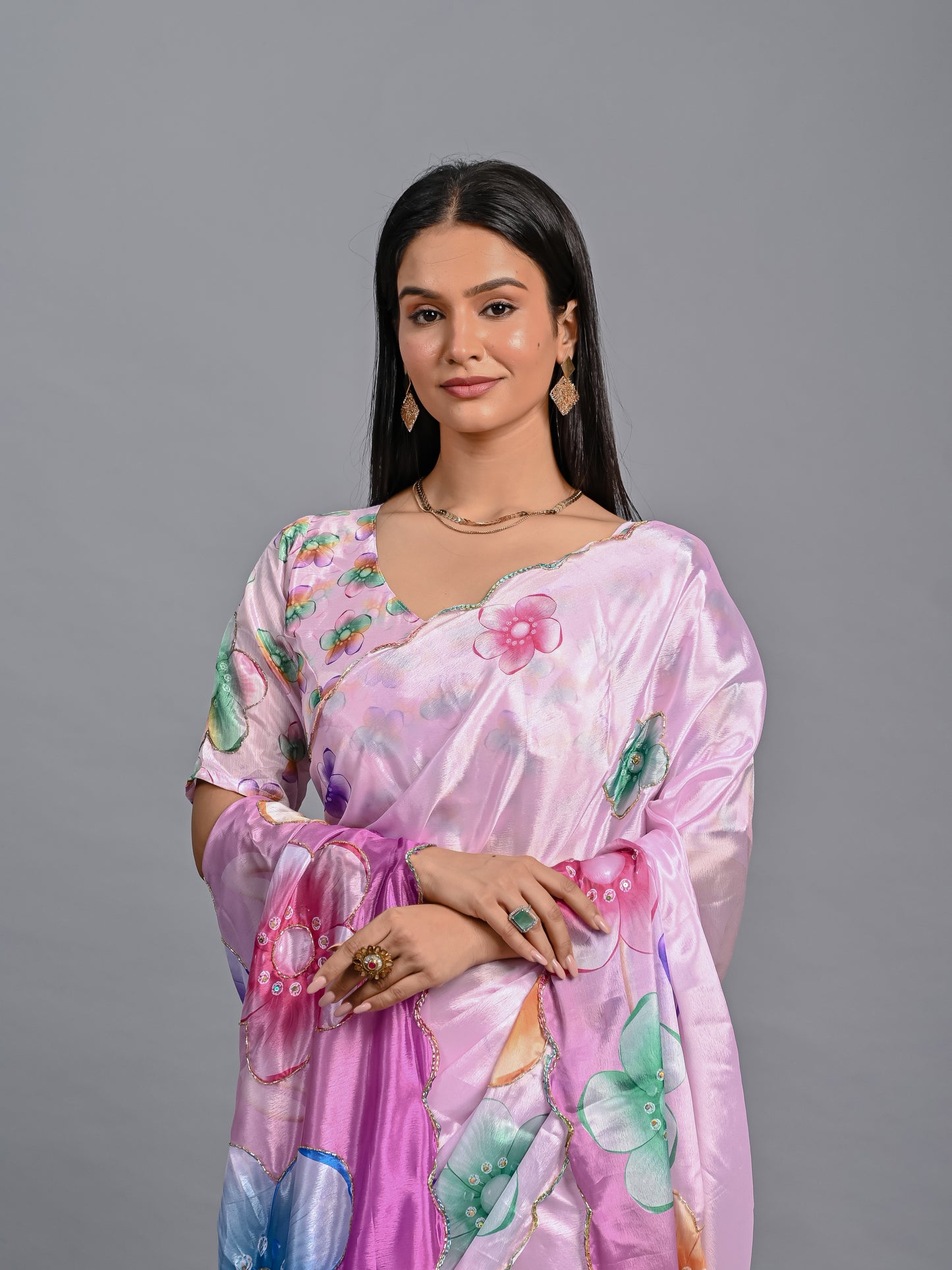 Vibrant Floral Poli Chinon Saree with Scalloped Sequin Border