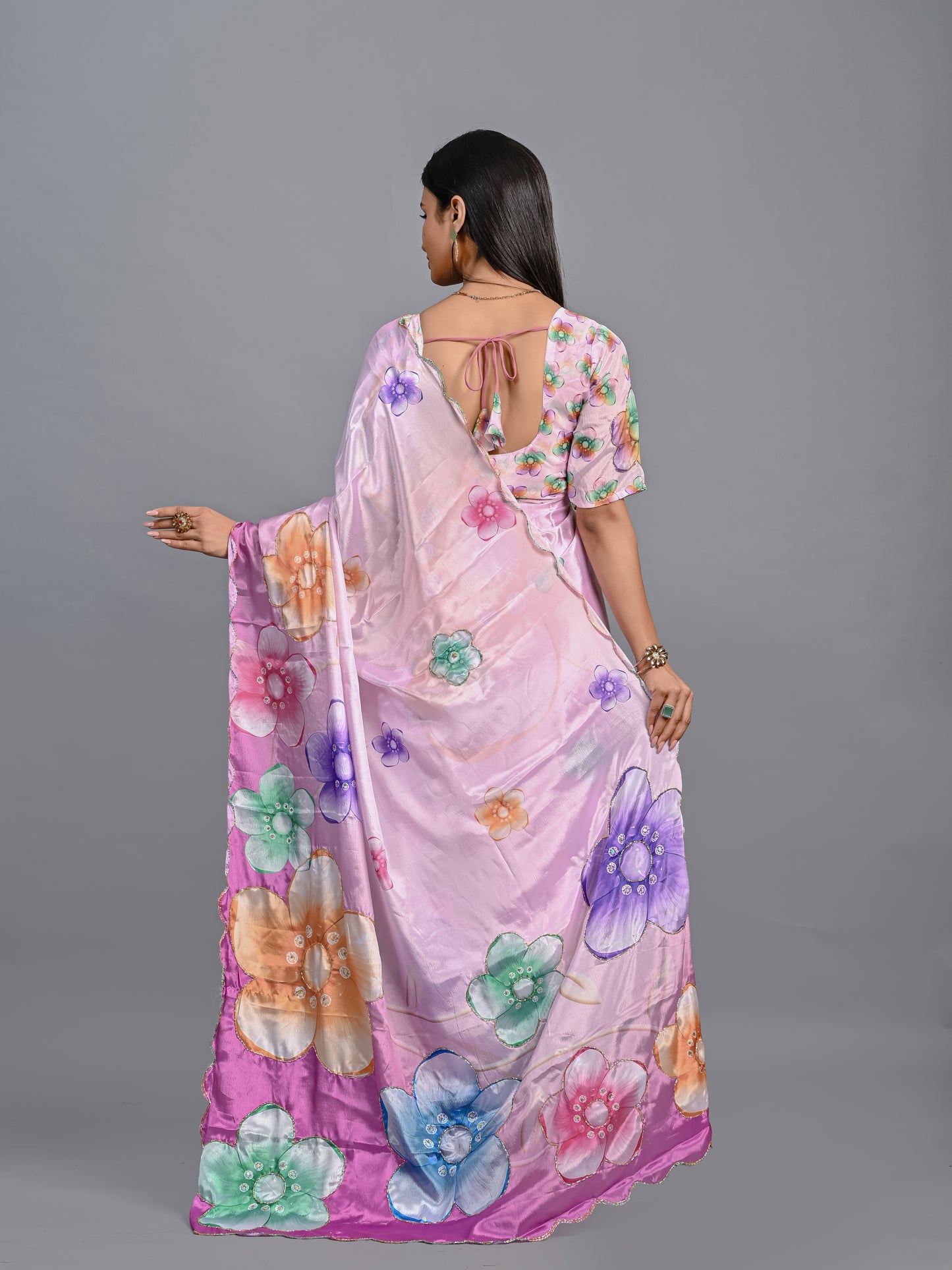 Vibrant Floral Poli Chinon Saree with Scalloped Sequin Border