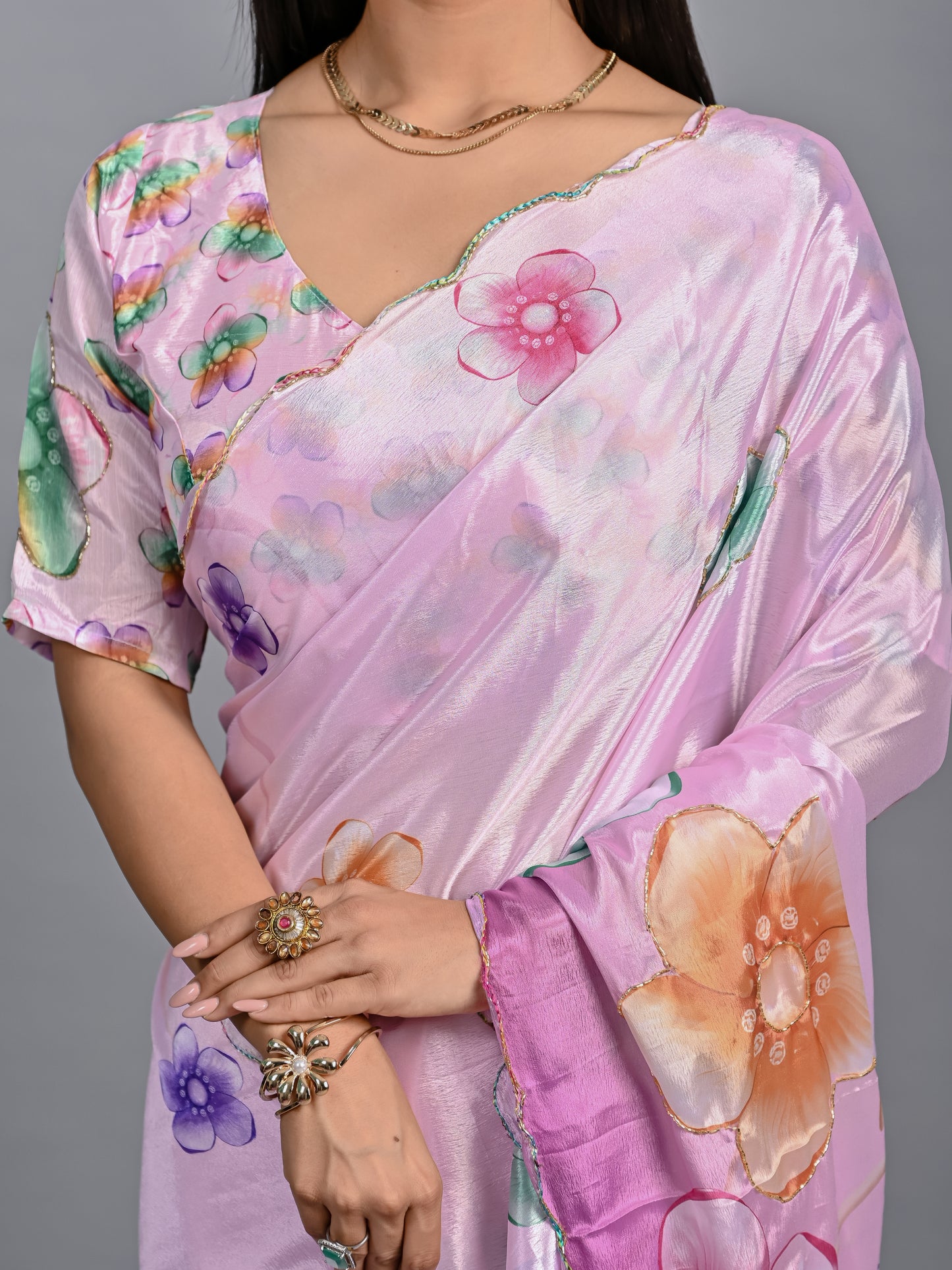 Vibrant Floral Poli Chinon Saree with Scalloped Sequin Border