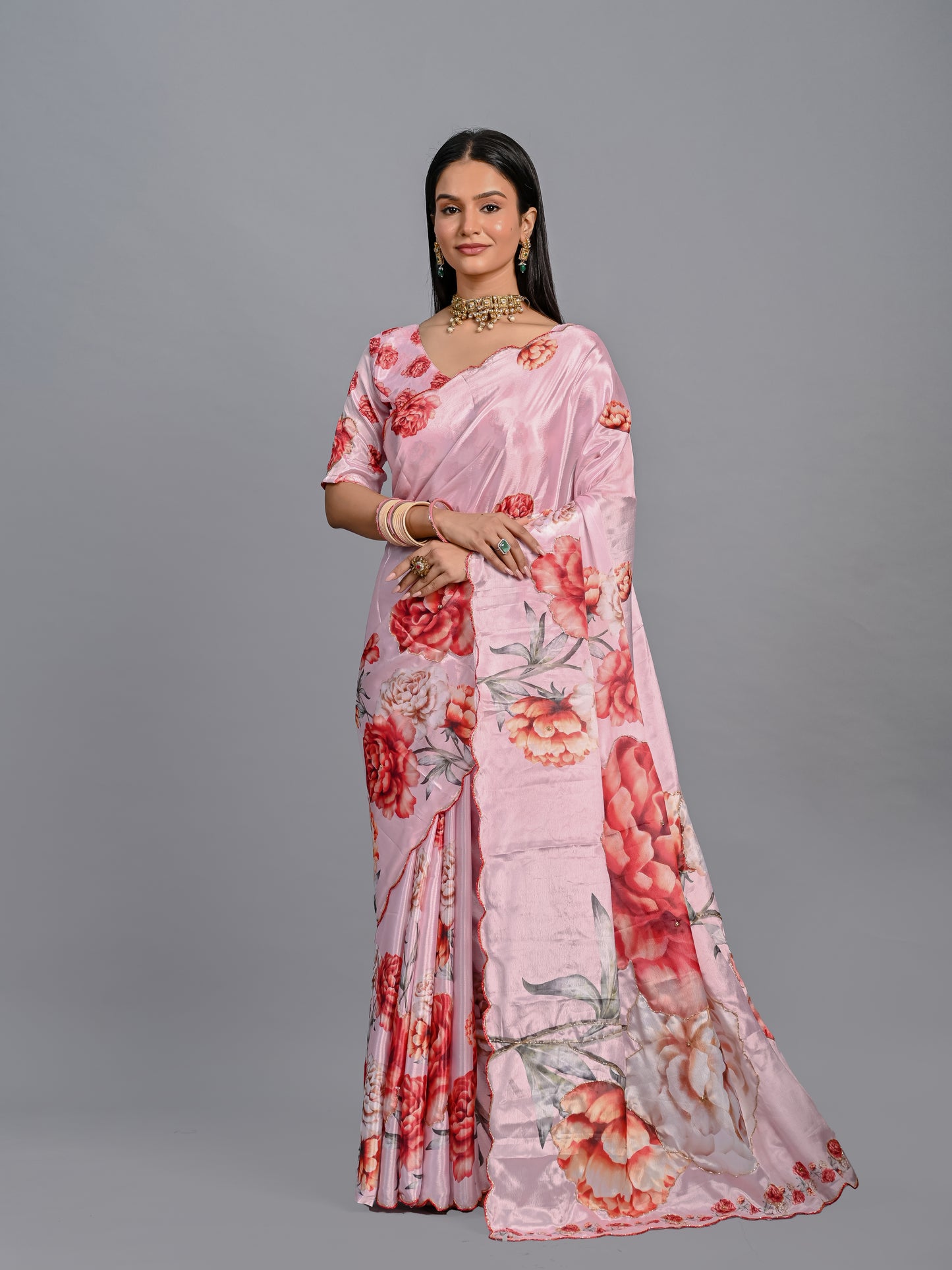 Elegant Peach Floral Poli Chinon Saree with Scalloped Beadwork