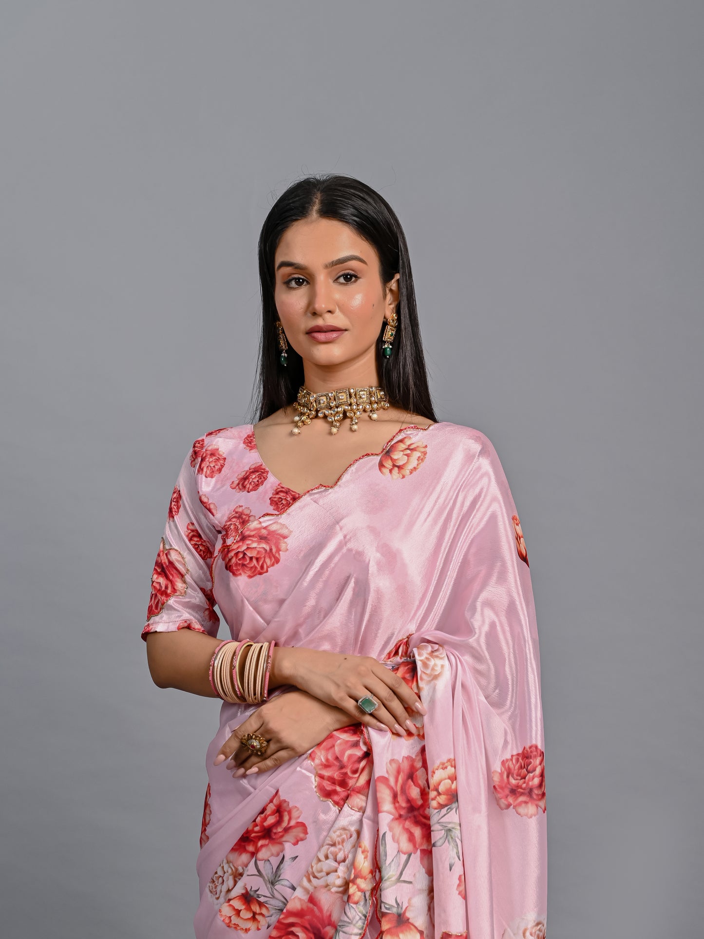 Elegant Peach Floral Poli Chinon Saree with Scalloped Beadwork