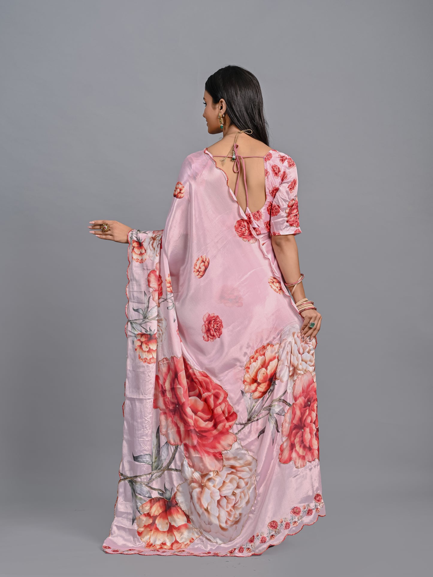 Elegant Peach Floral Poli Chinon Saree with Scalloped Beadwork