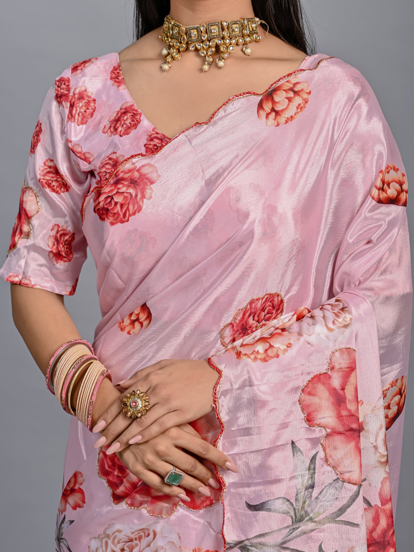 Elegant Peach Floral Poli Chinon Saree with Scalloped Beadwork