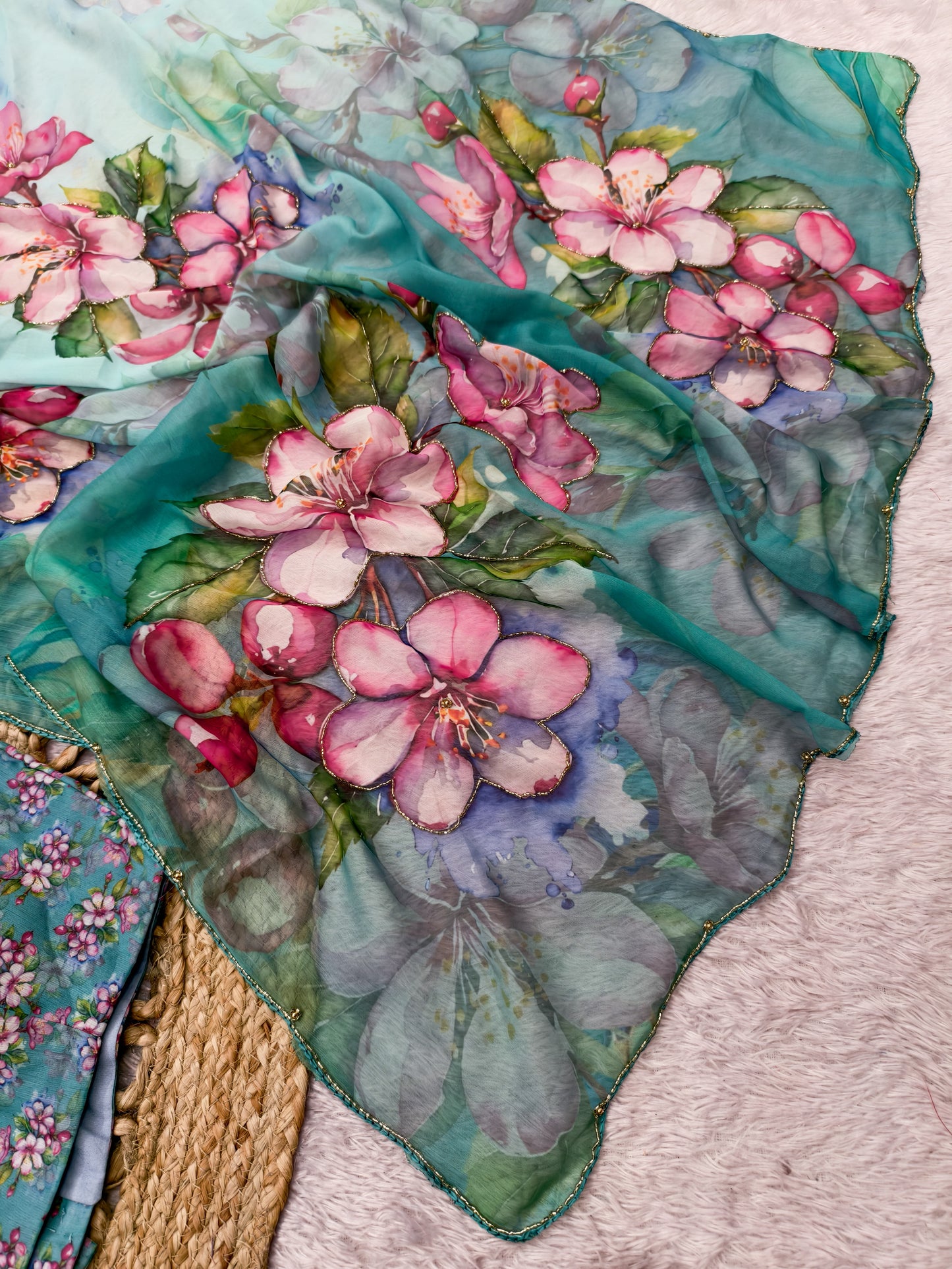 Pastel Blue Multicolor Floral Print Chiffon Saree with Designer Blouse