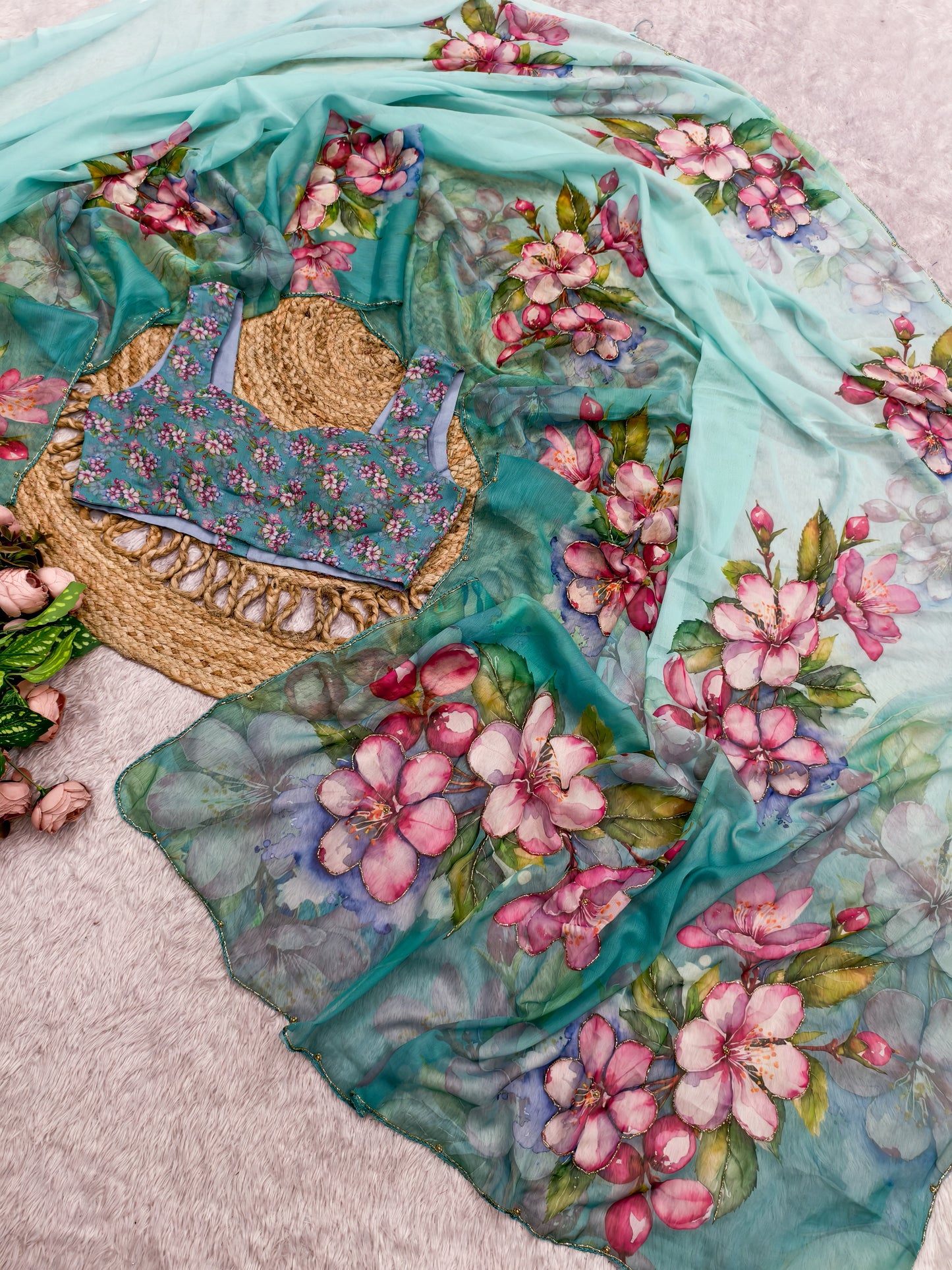 Pastel Blue Multicolor Floral Print Chiffon Saree with Designer Blouse