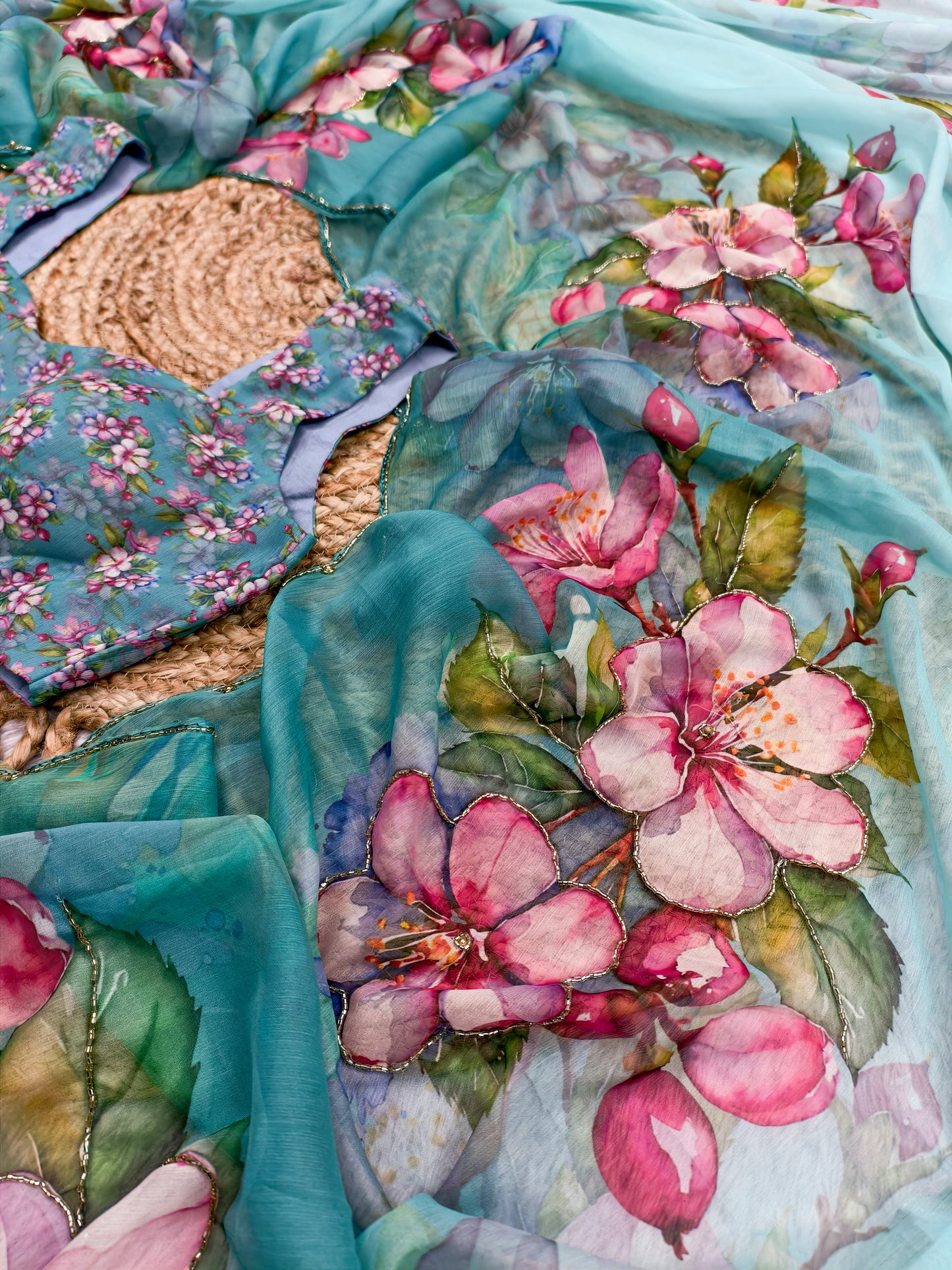 Pastel Blue Multicolor Floral Print Chiffon Saree with Designer Blouse