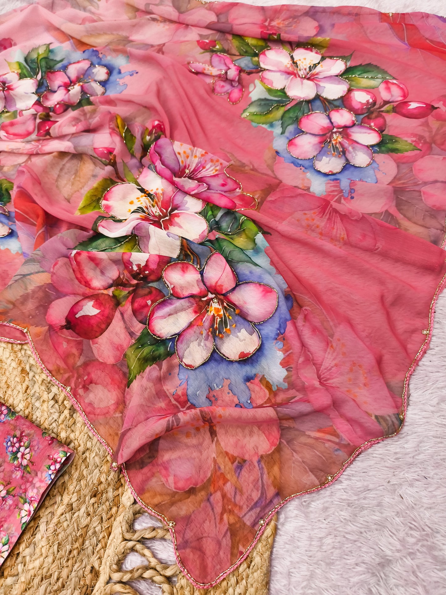 Pastel Blue Multicolor Floral Print Chiffon Saree with Designer Blouse
