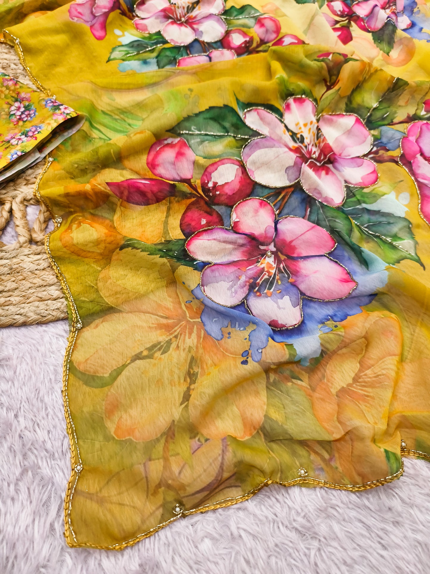 Pastel Blue Multicolor Floral Print Chiffon Saree with Designer Blouse