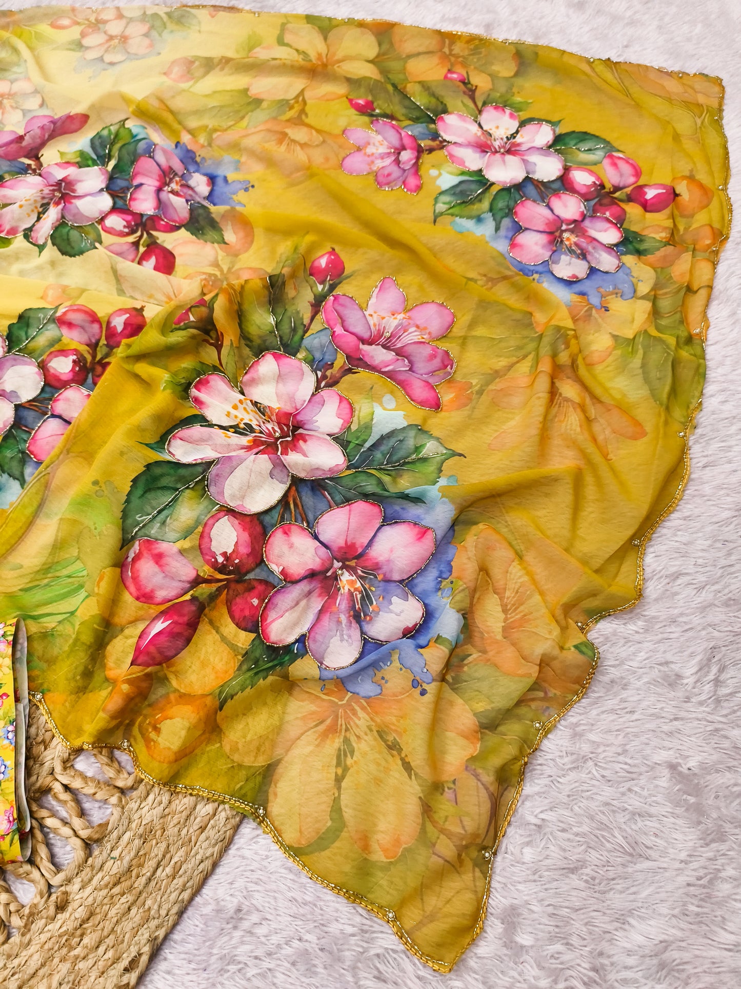 Pastel Blue Multicolor Floral Print Chiffon Saree with Designer Blouse
