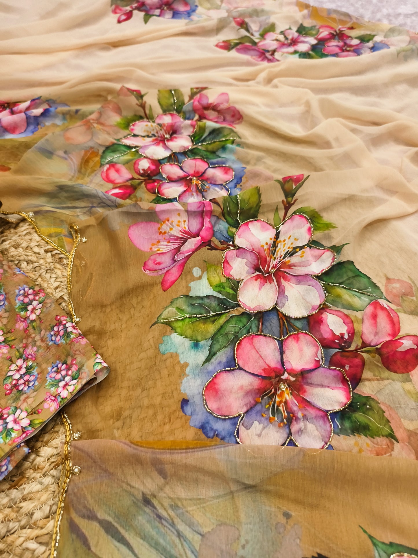 Pastel Blue Multicolor Floral Print Chiffon Saree with Designer Blouse