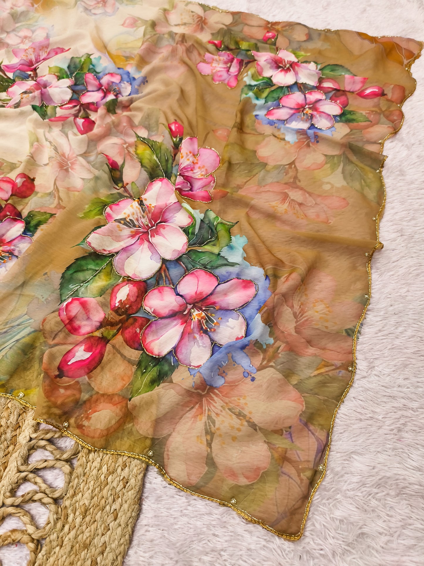 Pastel Blue Multicolor Floral Print Chiffon Saree with Designer Blouse