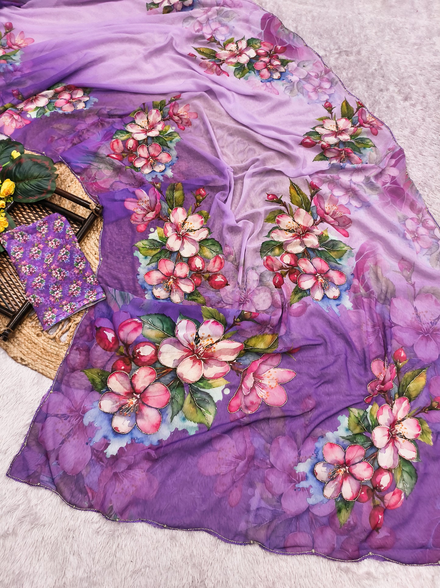 Pastel Blue Multicolor Floral Print Chiffon Saree with Designer Blouse