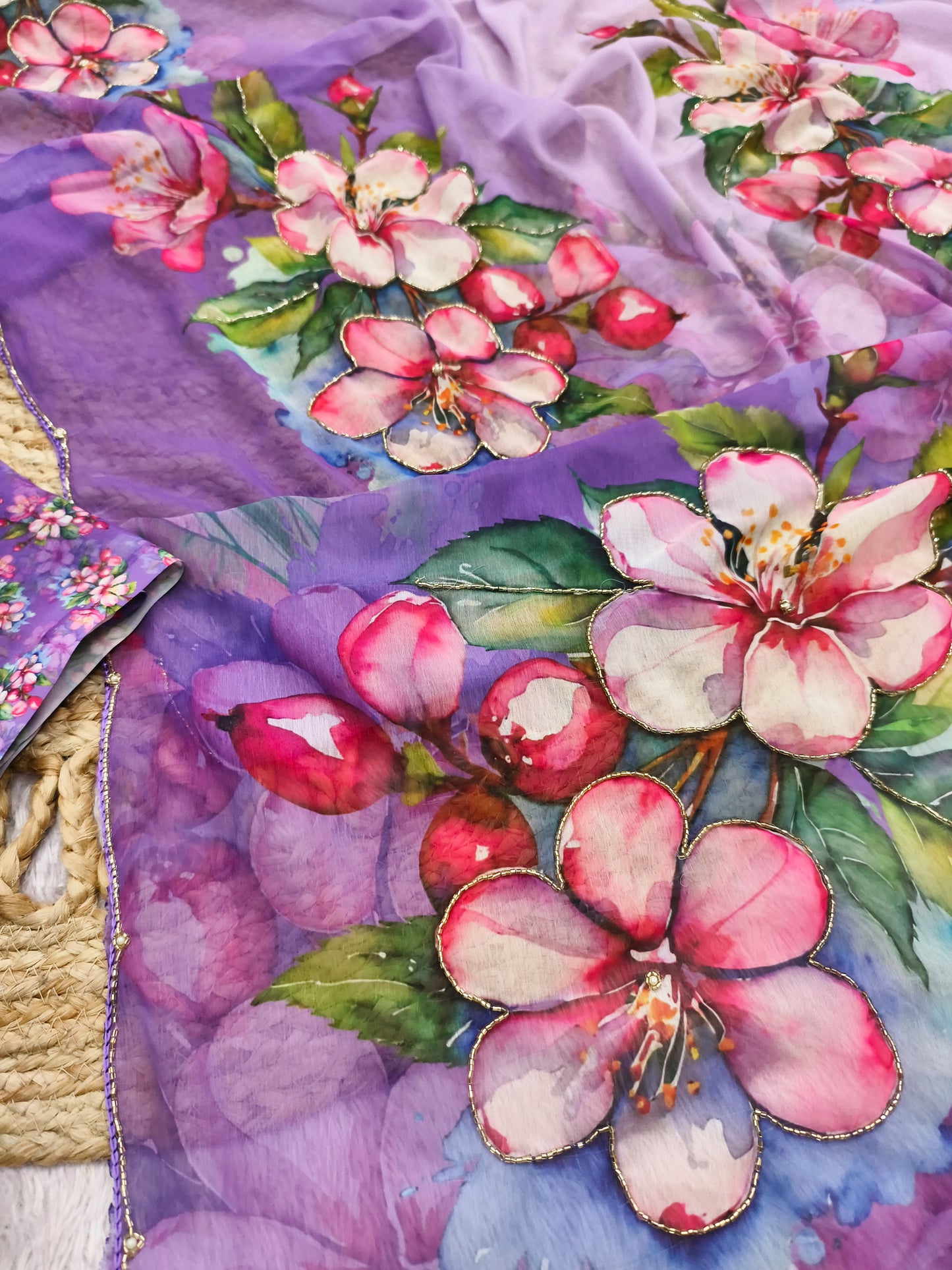 Pastel Blue Multicolor Floral Print Chiffon Saree with Designer Blouse