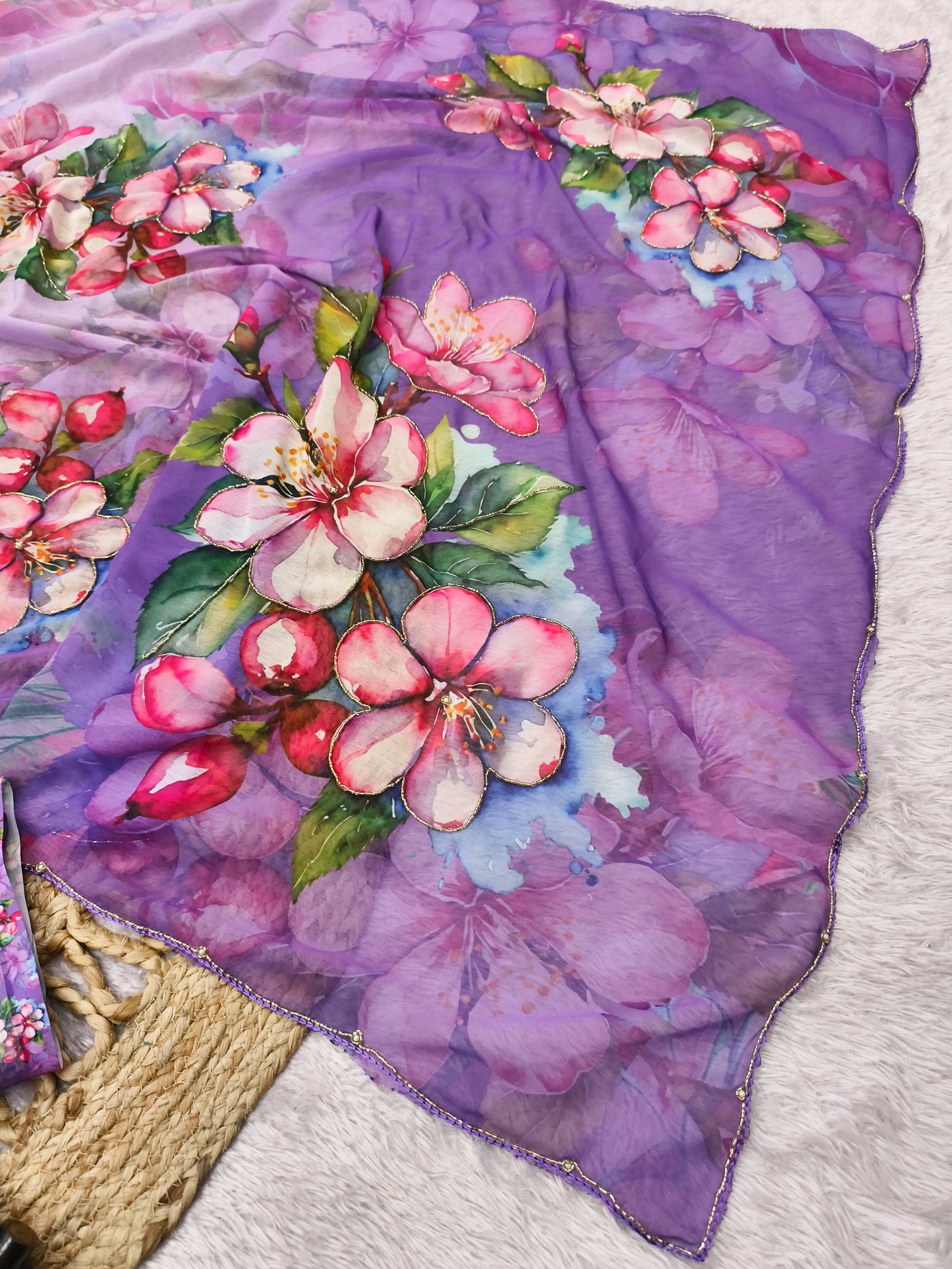Pastel Blue Multicolor Floral Print Chiffon Saree with Designer Blouse