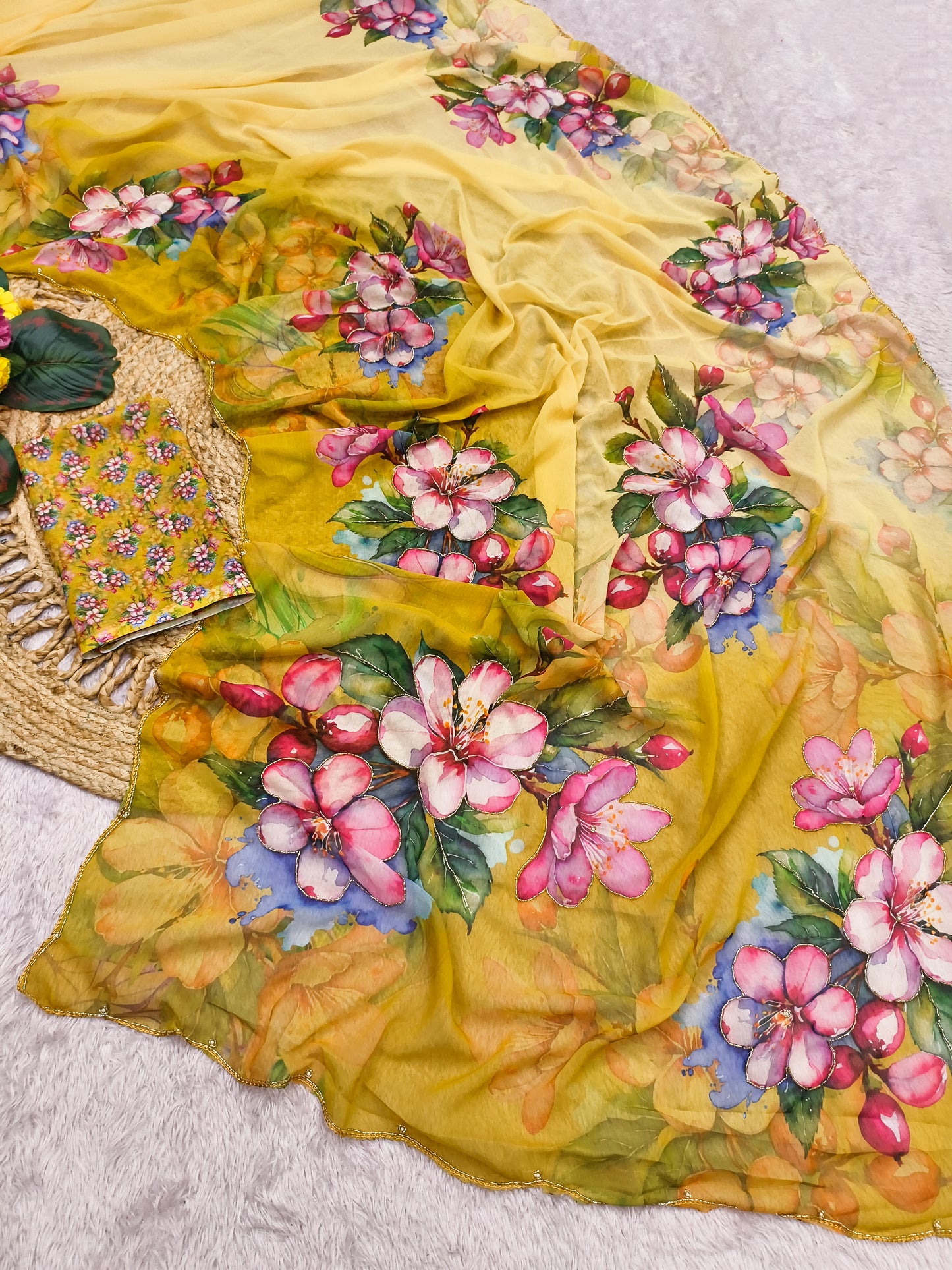 Pastel Blue Multicolor Floral Print Chiffon Saree with Designer Blouse
