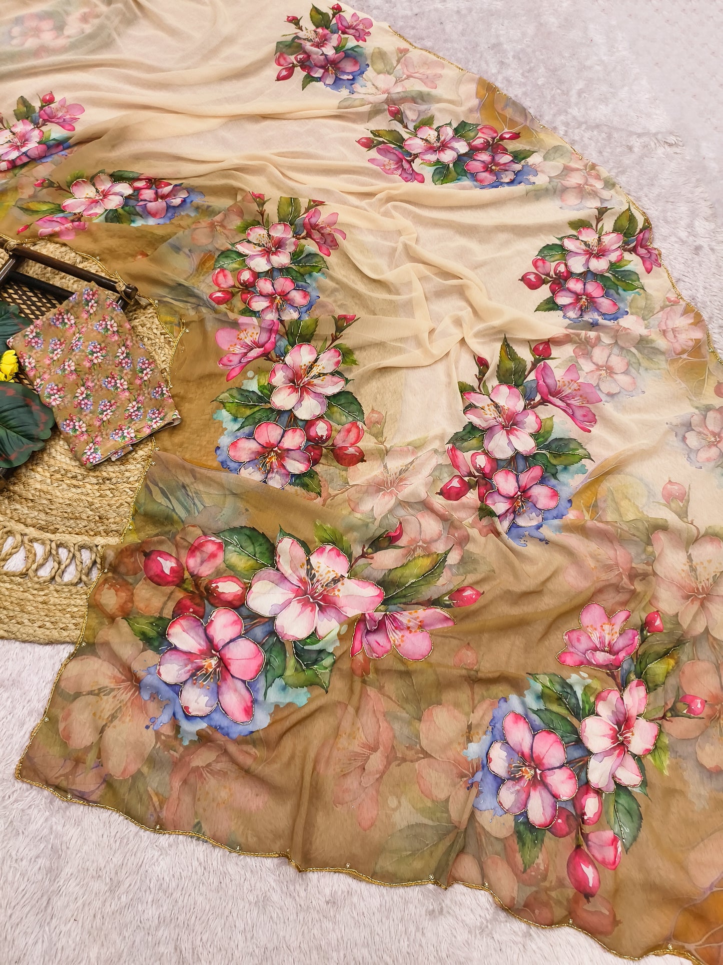 Pastel Blue Multicolor Floral Print Chiffon Saree with Designer Blouse