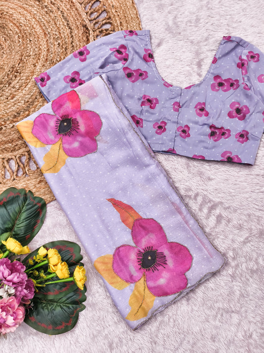 Lavender Multicolor Digital Print Chiffon Saree with Handwork & Designer Blouse