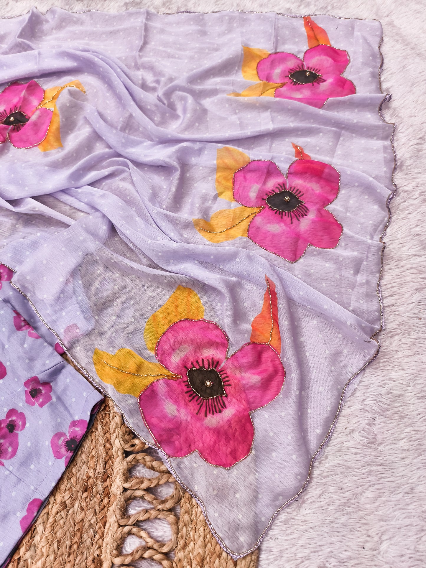 Lavender Multicolor Digital Print Chiffon Saree with Handwork & Designer Blouse