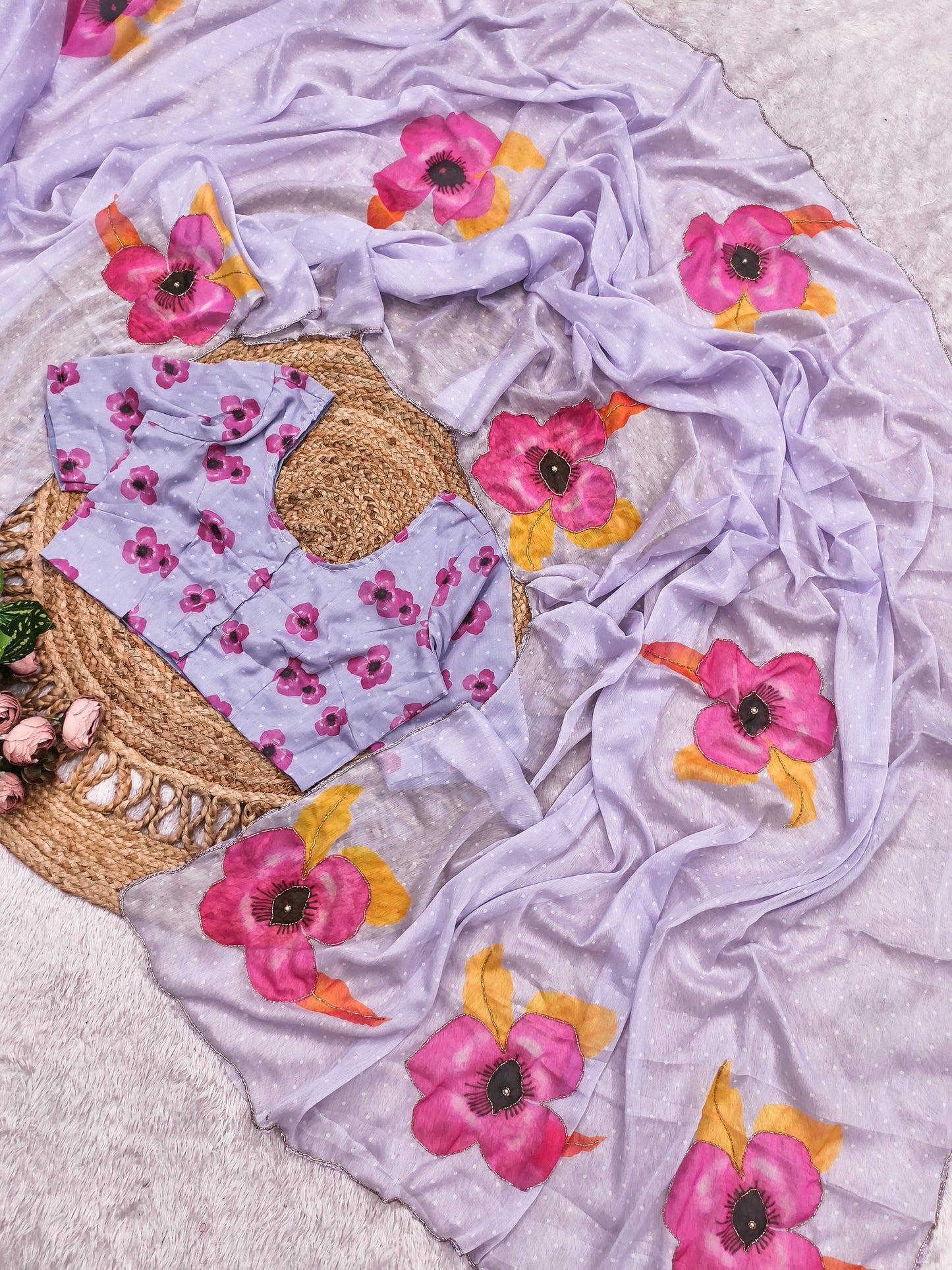 Lavender Multicolor Digital Print Chiffon Saree with Handwork & Designer Blouse