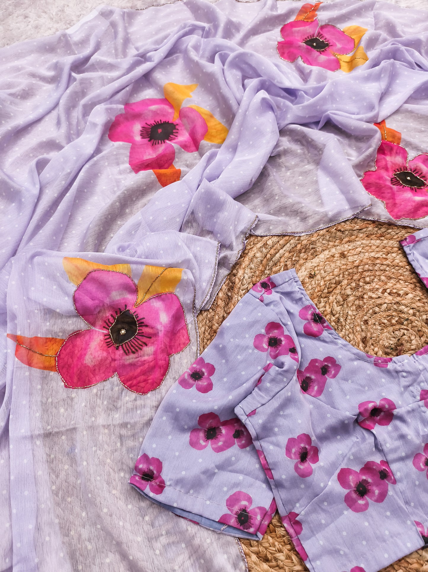 Lavender Multicolor Digital Print Chiffon Saree with Handwork & Designer Blouse