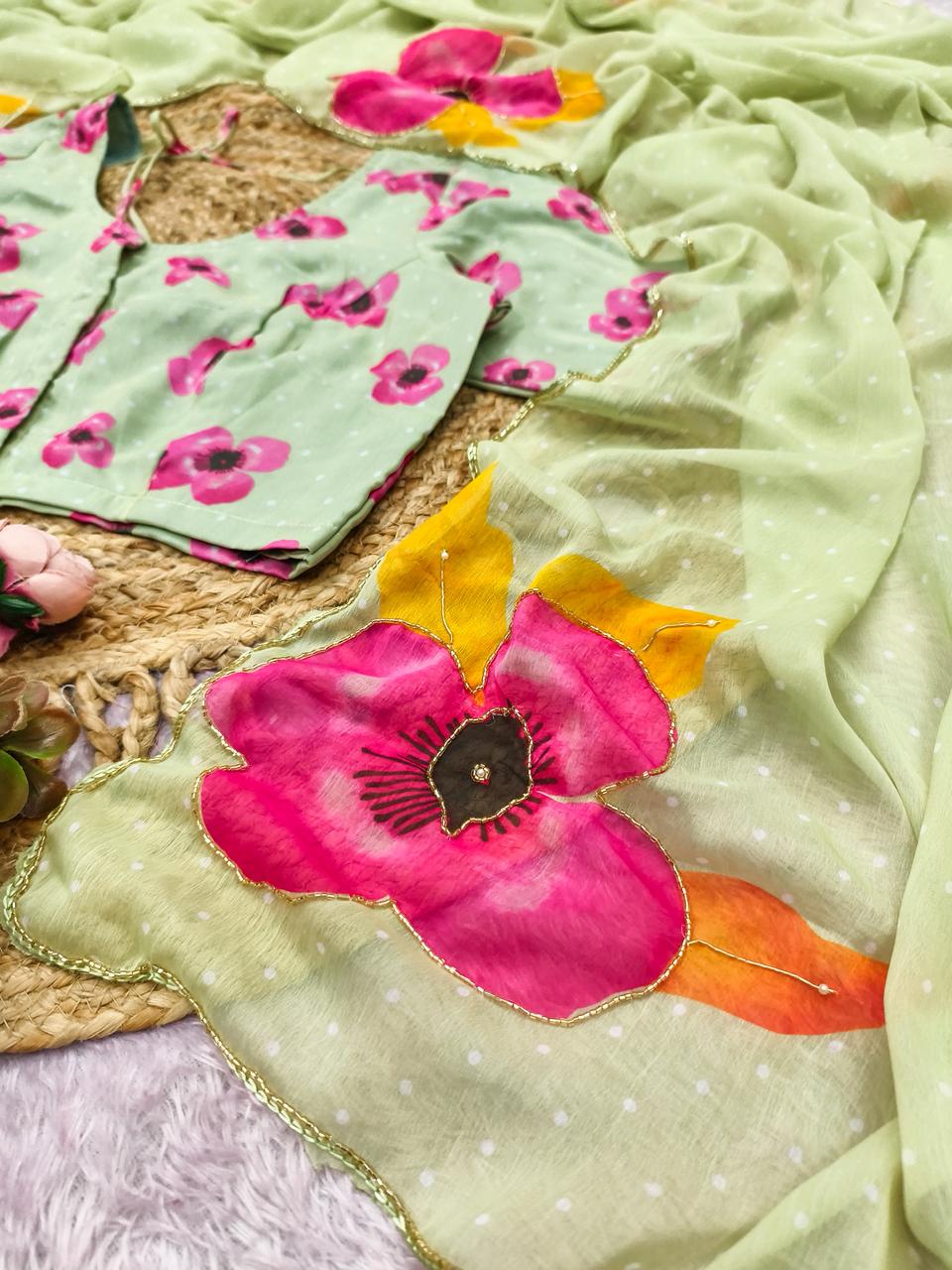 Lavender Multicolor Digital Print Chiffon Saree with Handwork & Designer Blouse