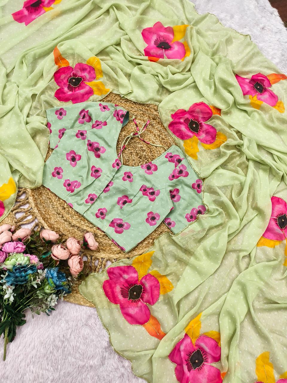 Lavender Multicolor Digital Print Chiffon Saree with Handwork & Designer Blouse