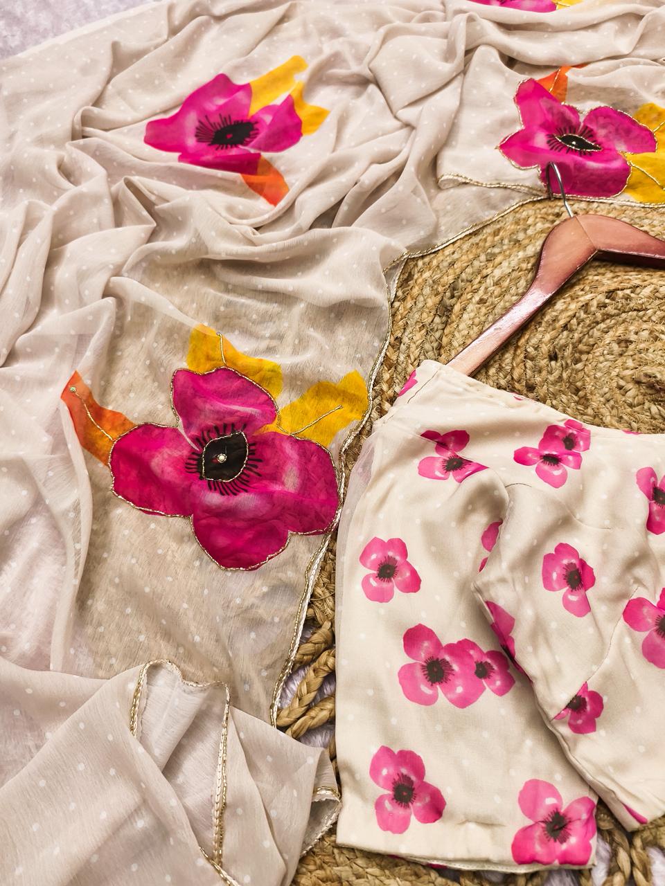 Lavender Multicolor Digital Print Chiffon Saree with Handwork & Designer Blouse