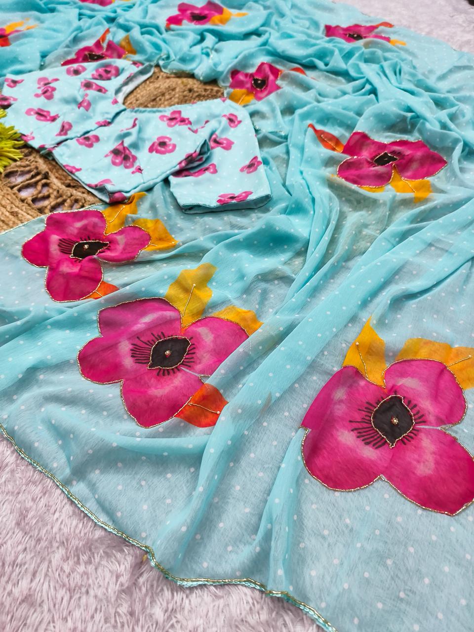Lavender Multicolor Digital Print Chiffon Saree with Handwork & Designer Blouse