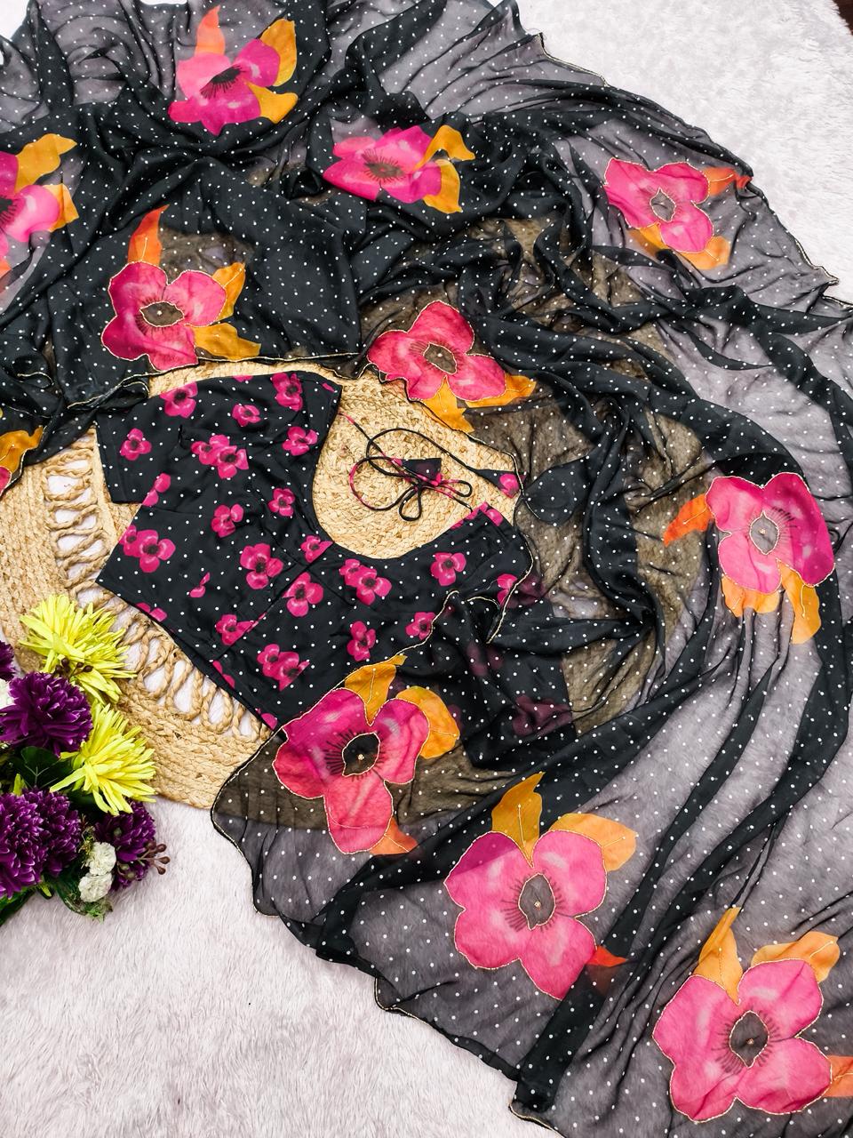Lavender Multicolor Digital Print Chiffon Saree with Handwork & Designer Blouse