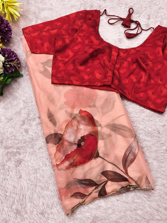 Light Peach Floral Chiffon Saree with Designer Red Blouse