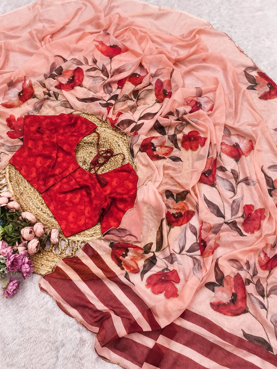 Light Peach Floral Chiffon Saree with Designer Red Blouse