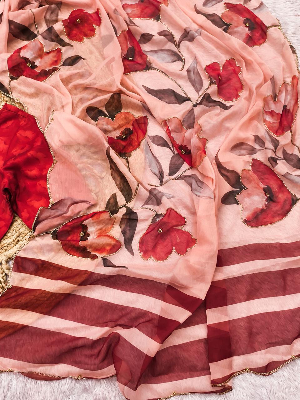 Light Peach Floral Chiffon Saree with Designer Red Blouse