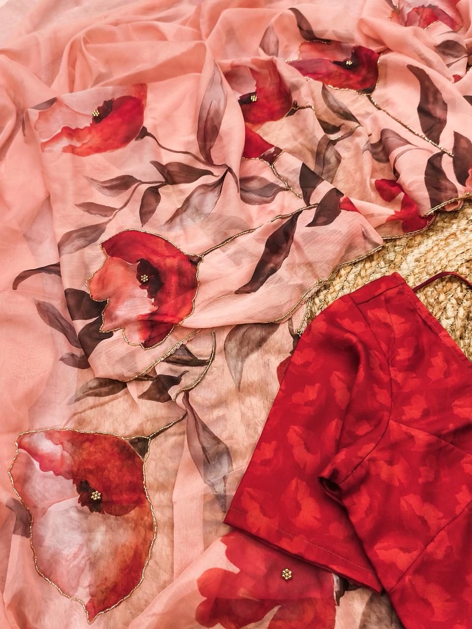 Light Peach Floral Chiffon Saree with Designer Red Blouse