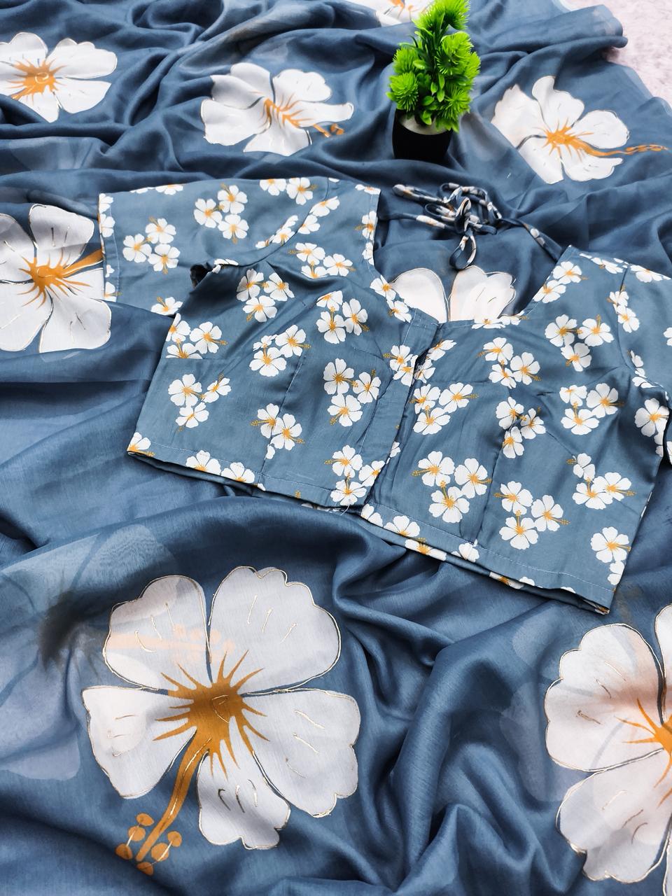 Pastel Blue Digital Print Chiffon Saree with Foil & Handwork Blouse