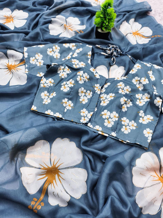 Pastel Blue Digital Print Chiffon Saree with Foil & Handwork Blouse