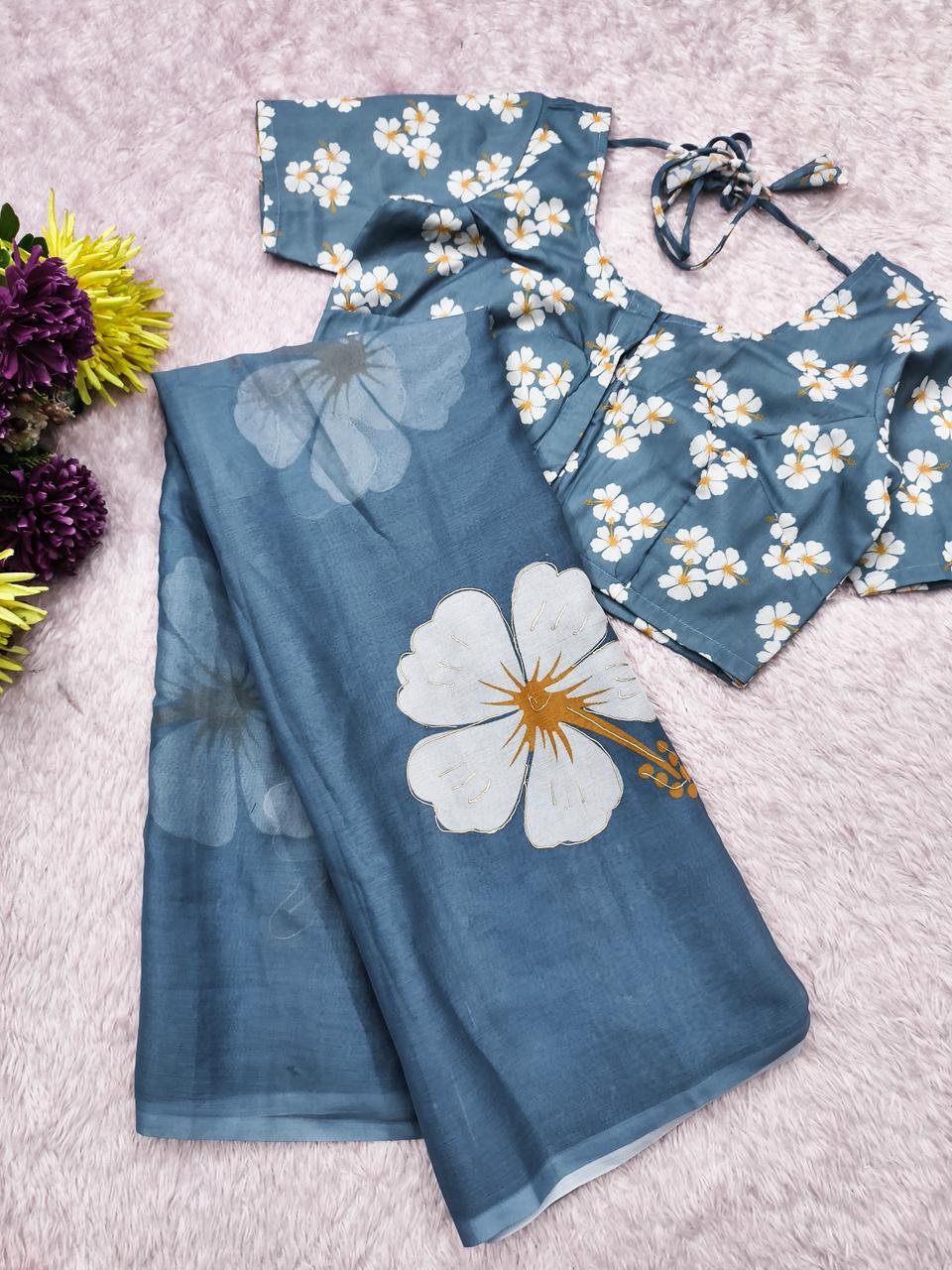 Pastel Blue Digital Print Chiffon Saree with Foil & Handwork Blouse