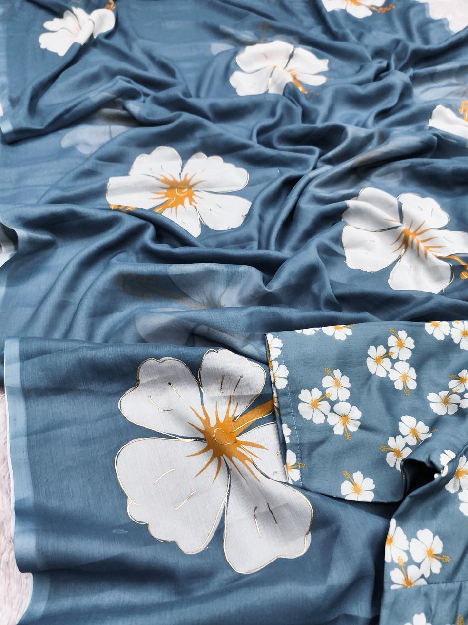 Pastel Blue Digital Print Chiffon Saree with Foil & Handwork Blouse