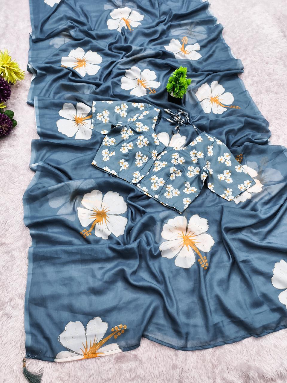 Pastel Blue Digital Print Chiffon Saree with Foil & Handwork Blouse