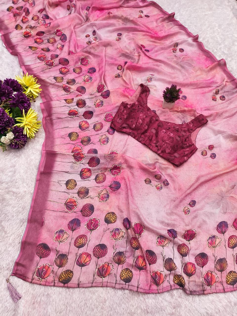 Rose Pink Digital Print Chiffon Saree with Foil & Handwork Blouse