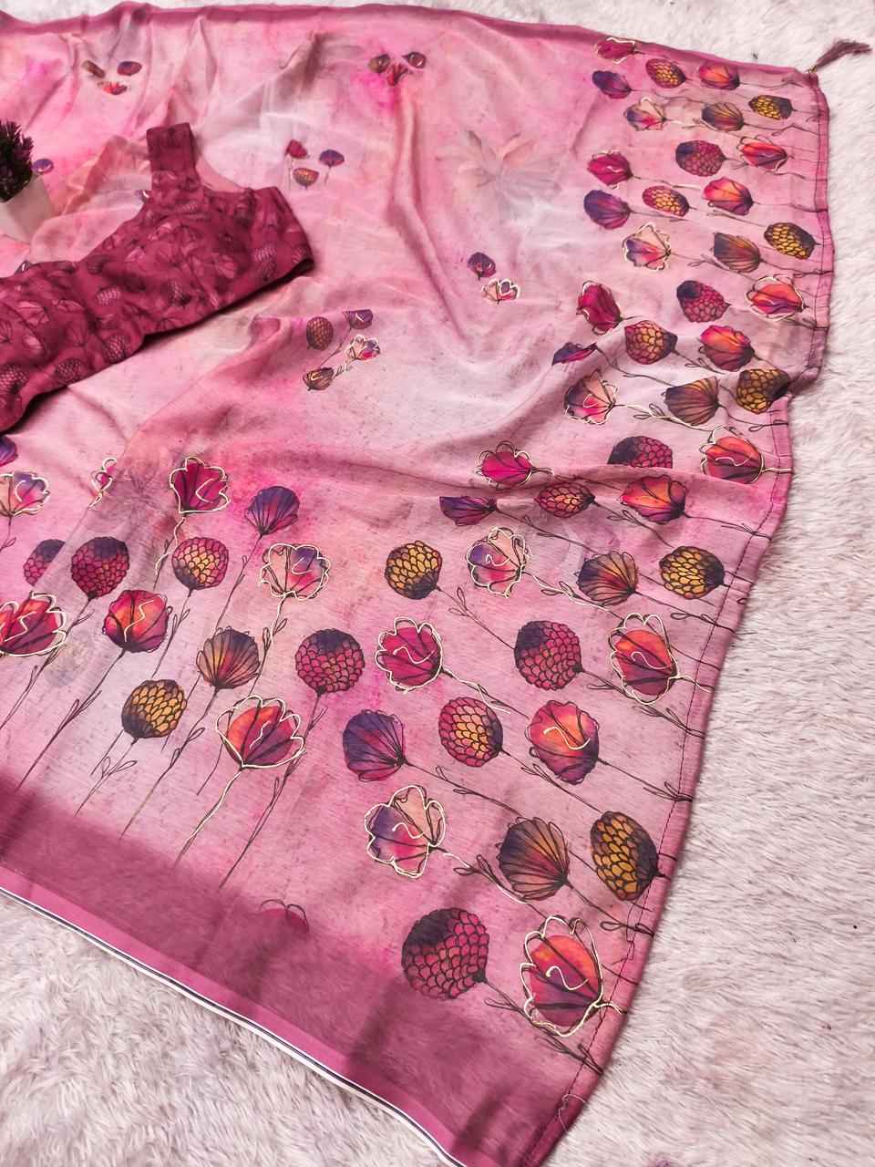 Rose Pink Digital Print Chiffon Saree with Foil & Handwork Blouse