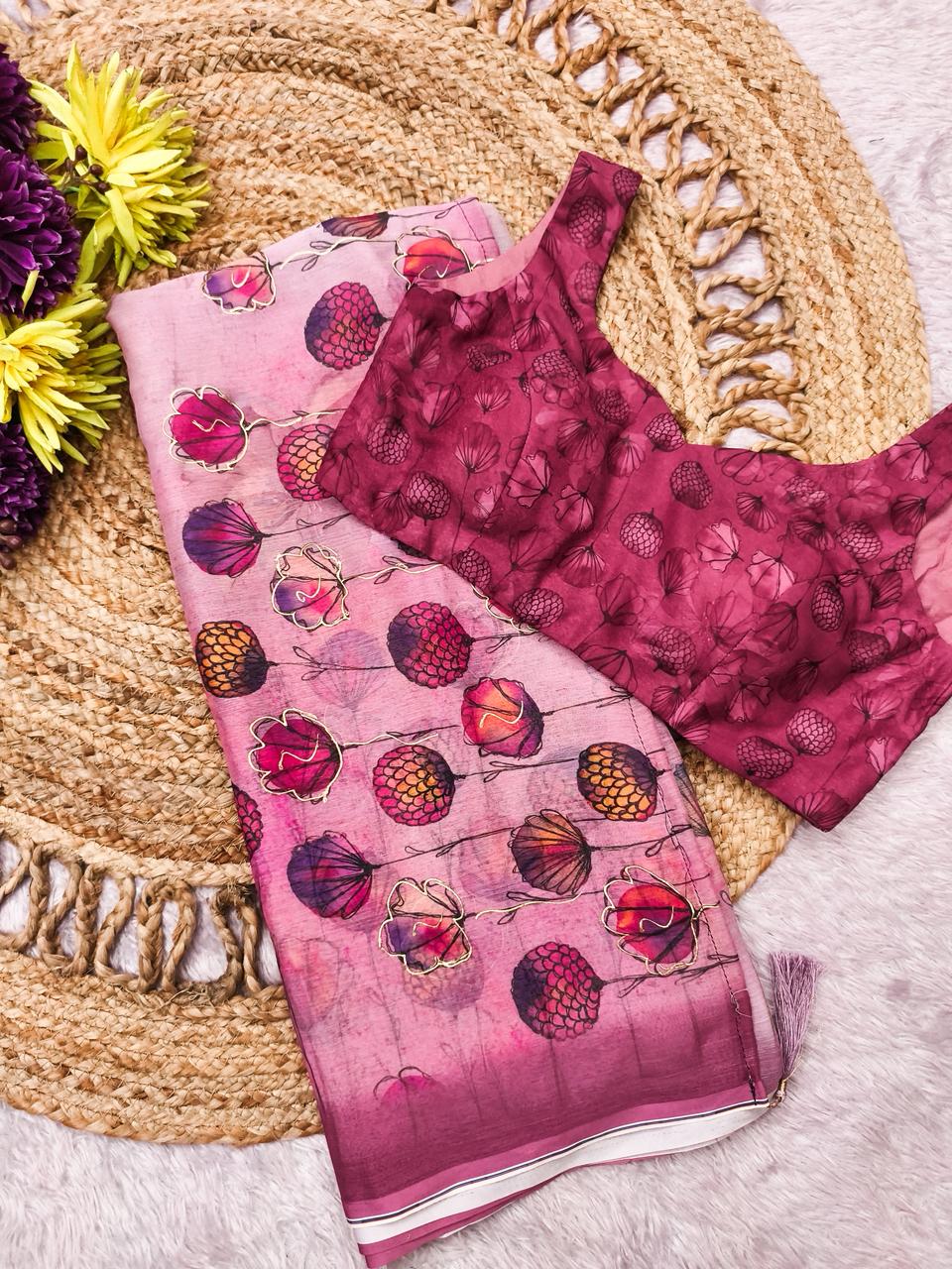 Rose Pink Digital Print Chiffon Saree with Foil & Handwork Blouse