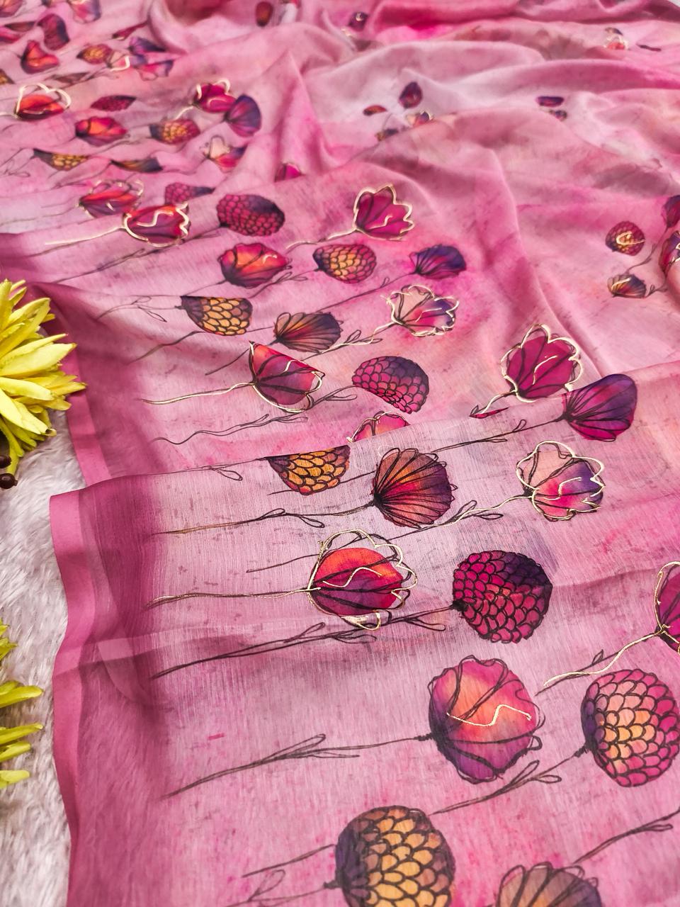 Rose Pink Digital Print Chiffon Saree with Foil & Handwork Blouse