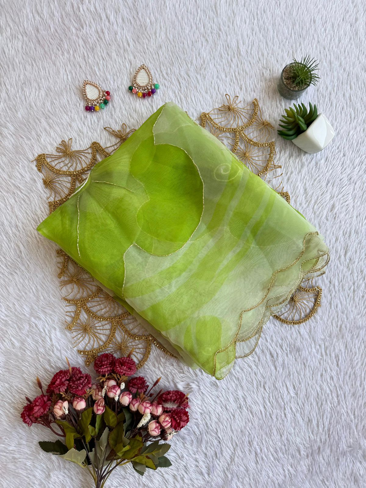 Sheer Poly Organza Saree with Hand-Painted Roses