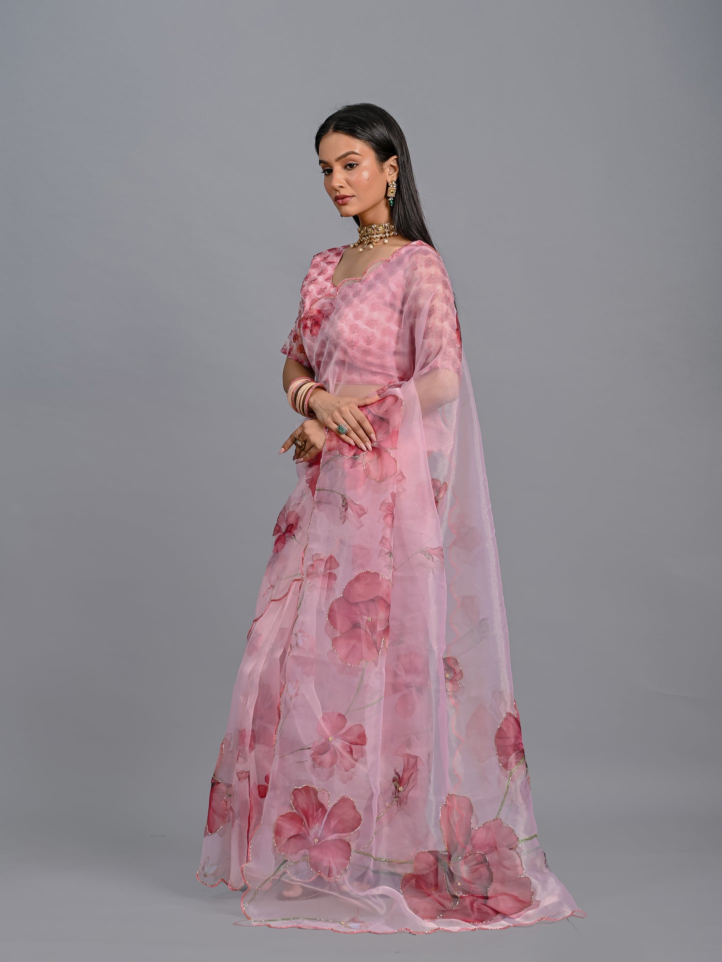 Blush Pink Floral Poly Organza Saree