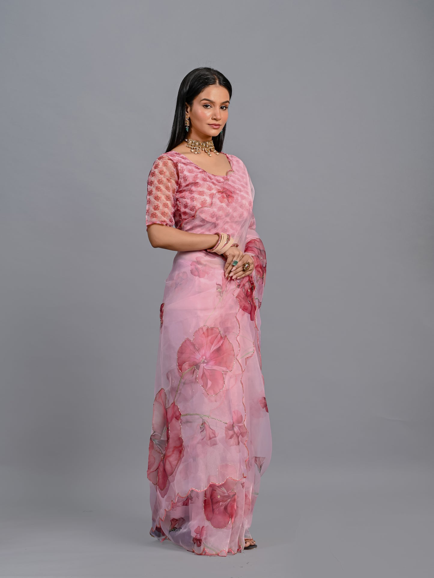 Blush Pink Floral Poly Organza Saree