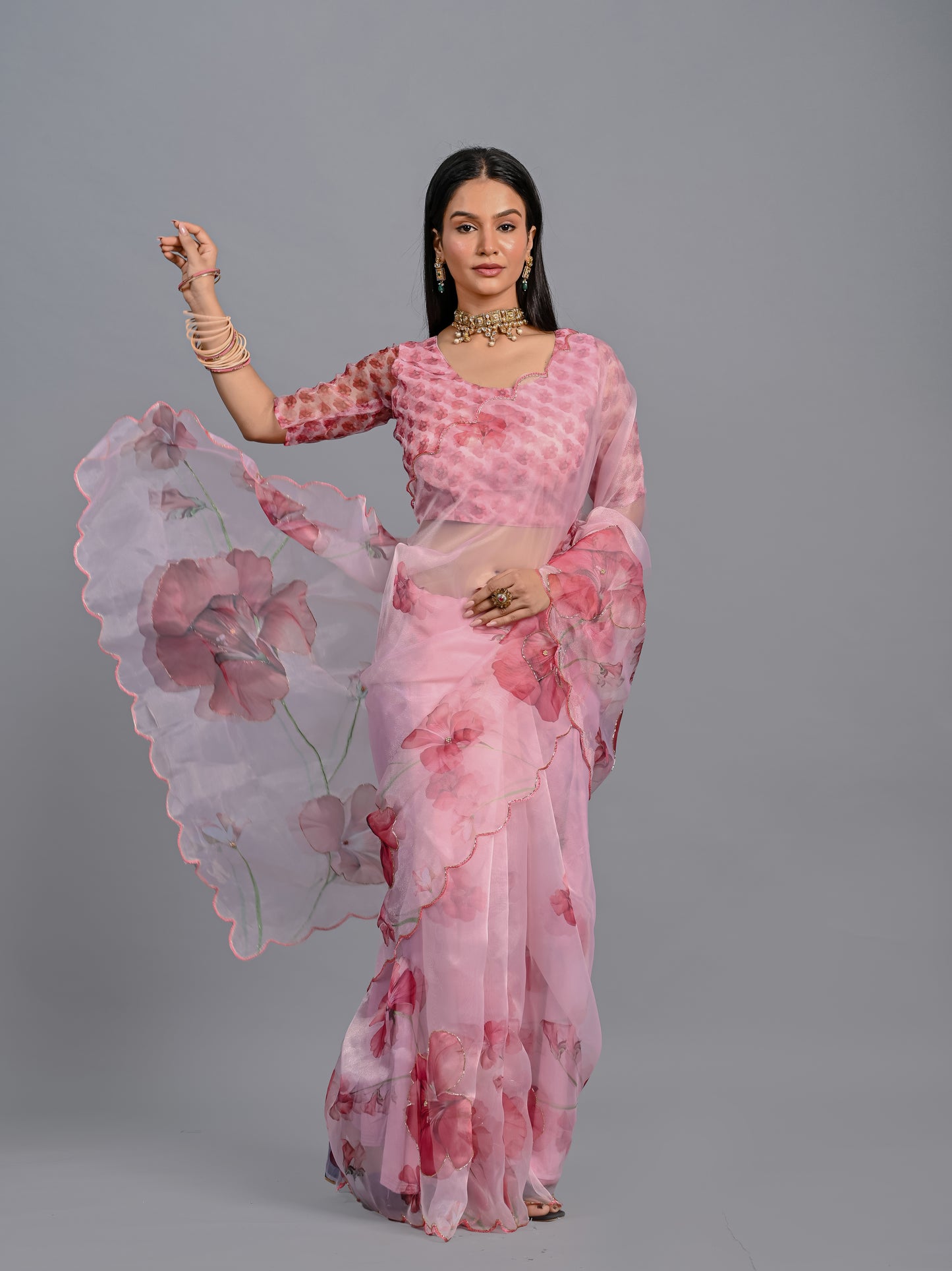 Blush Pink Floral Poly Organza Saree