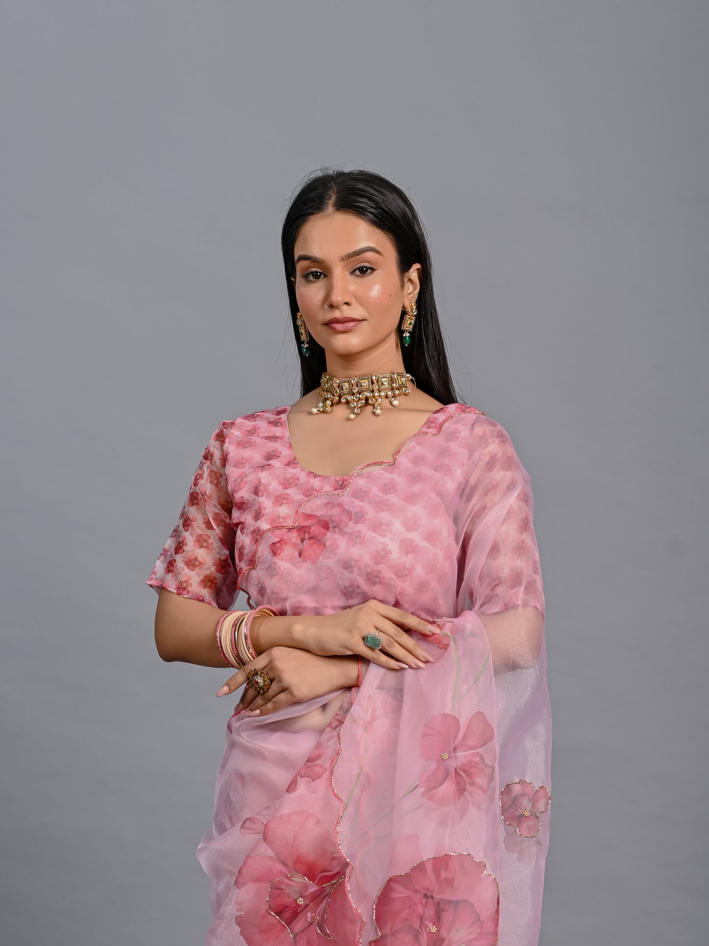 Blush Pink Floral Poly Organza Saree