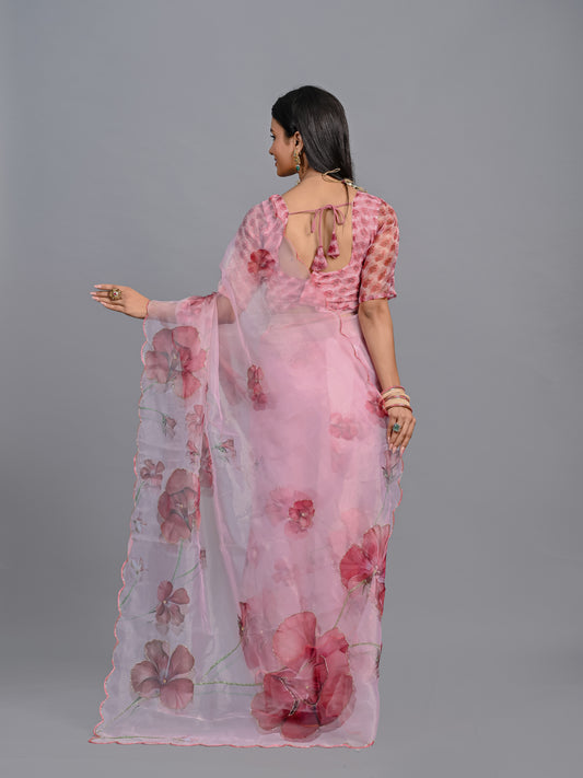 Blush Pink Floral Poly Organza Saree